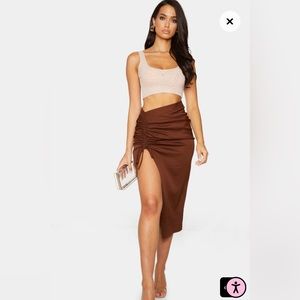 Chocolate Woven Ruched Detail Midi Skirt